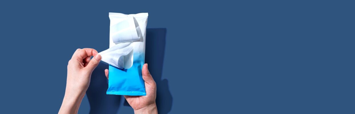 woman's hands pulling cosmetic cleaning wipes from blue package