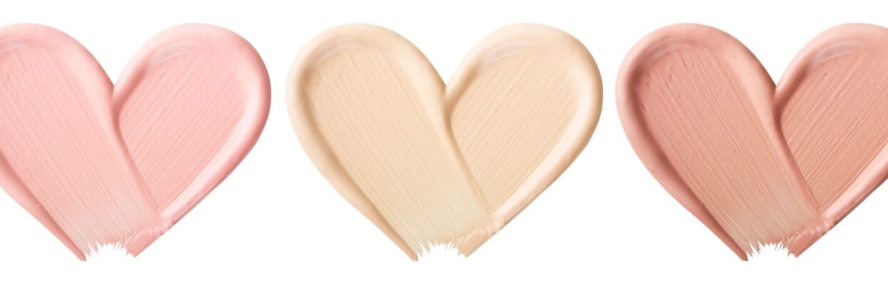 cosmetic makeup spread in a row of heart shapes
